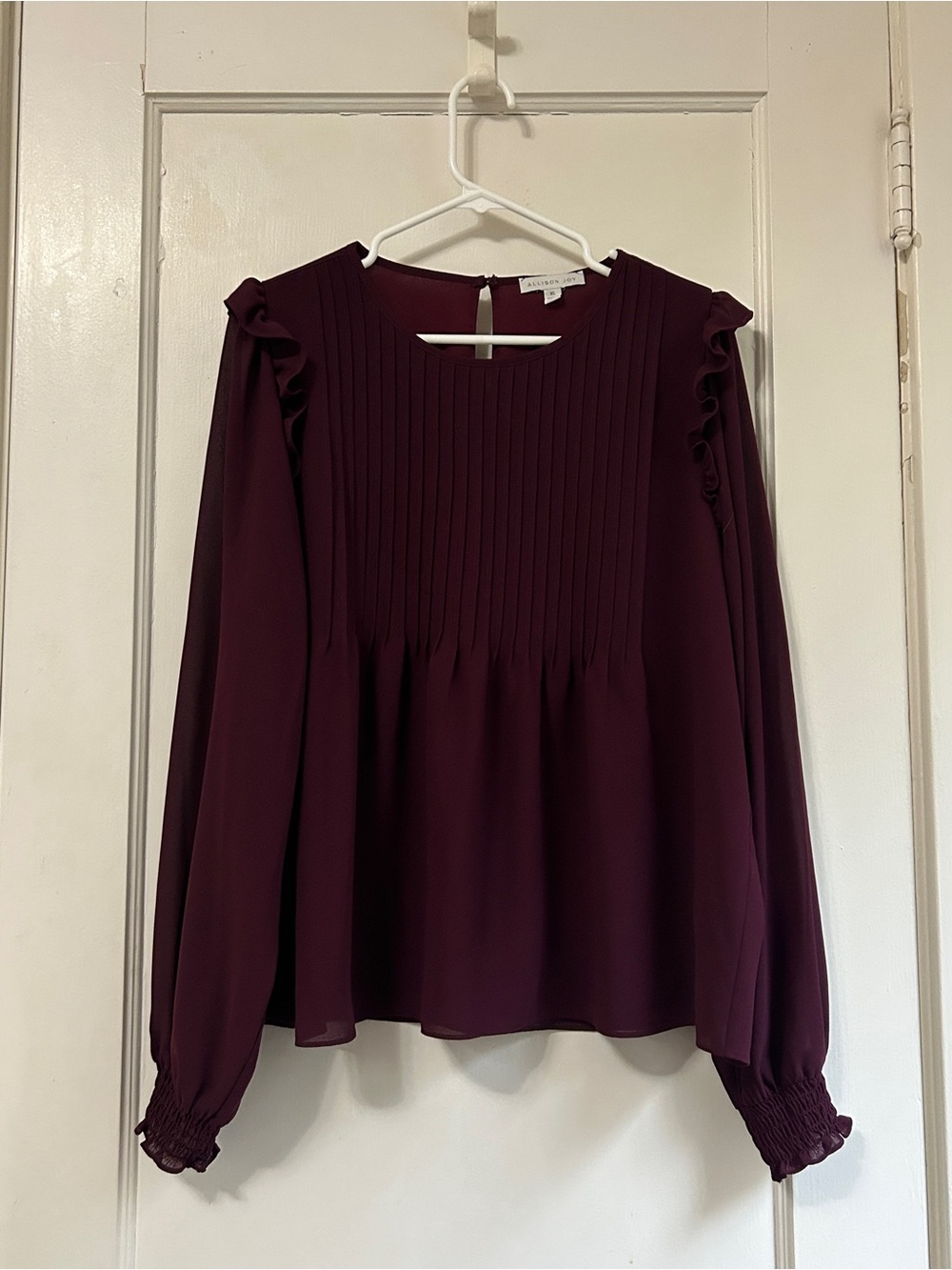 Allison Joy Deep Plum Pintuck Ruffle Long-Sleeve Blouse